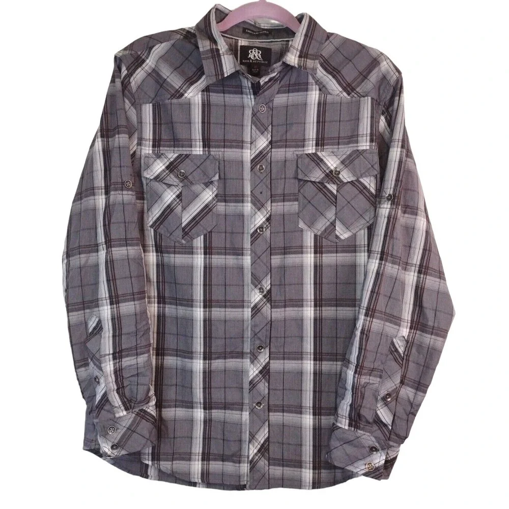 Rock & Republic Mens Medium Grey Plaid Western Roll Tab Sleeve Button Down Shirt